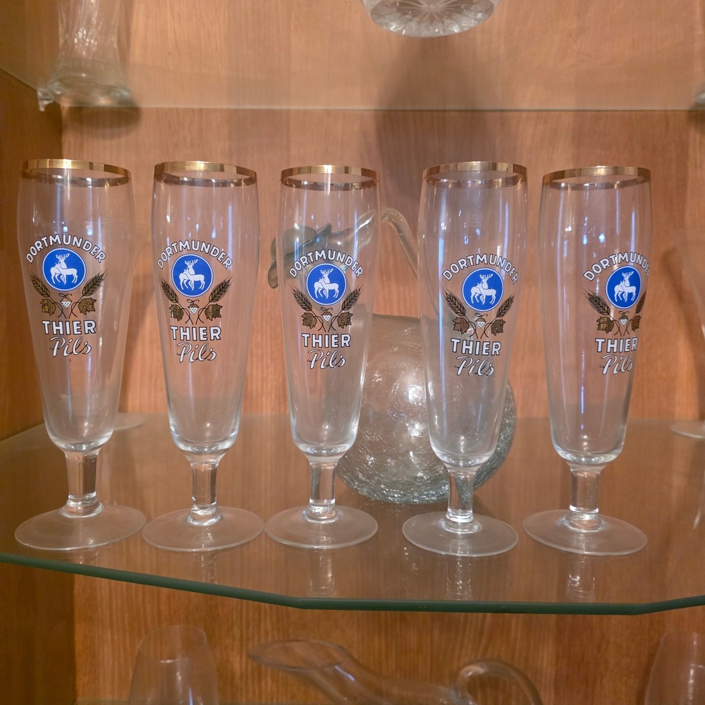 Set of 5 Thier Pils Beer Glasses Gold Rimmed Dortmunder Pilsner Beer Steins